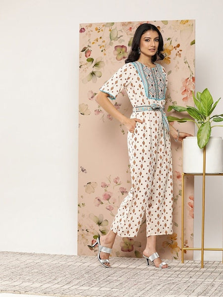 Off-White & Pink Printed Culotte Jumpsuit, Designer Indian Jumpsuit For Women, Indo Western Dress, Jumpsuits For Women, Fusion Wear Women VitansEthnics