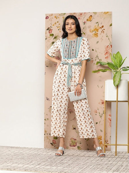 Off-White & Pink Printed Culotte Jumpsuit, Designer Indian Jumpsuit For Women, Indo Western Dress, Jumpsuits For Women, Fusion Wear Women VitansEthnics