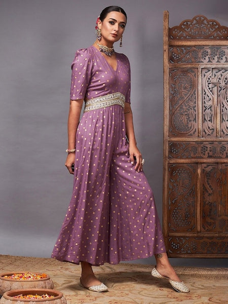 Designer Lavender Polka Dot Printed Jumpsuit For Women, Indo Western Dress, Party Wear Indian Dress, Jumpsuits For Women, Fusion Wear Women VitansEthnics