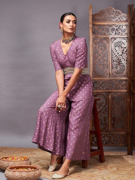 Designer Lavender Polka Dot Printed Jumpsuit For Women, Indo Western Dress, Party Wear Indian Dress, Jumpsuits For Women, Fusion Wear Women VitansEthnics