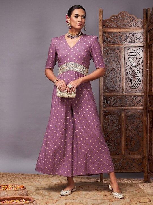 Designer Lavender Polka Dot Printed Jumpsuit For Women, Indo Western Dress, Party Wear Indian Dress, Jumpsuits For Women, Fusion Wear Women VitansEthnics