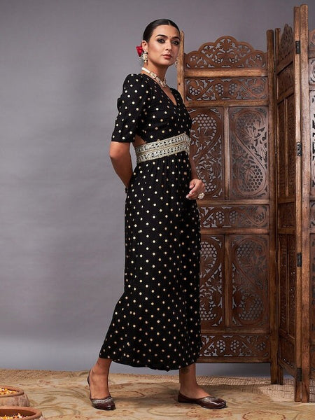 Designer Black Polka Dot Printed Jumpsuit For Women, Indo Western Dress, Party Wear Indian Dress, Jumpsuits For Women, Fusion Wear Women VitansEthnics