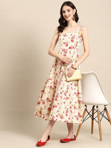 Indian Shoulder strap flared midi dress, Floral Print Sleeveless Indian Dress, Indo-Western Dress, Party wear Indian Outfit for Women VitansEthnics
