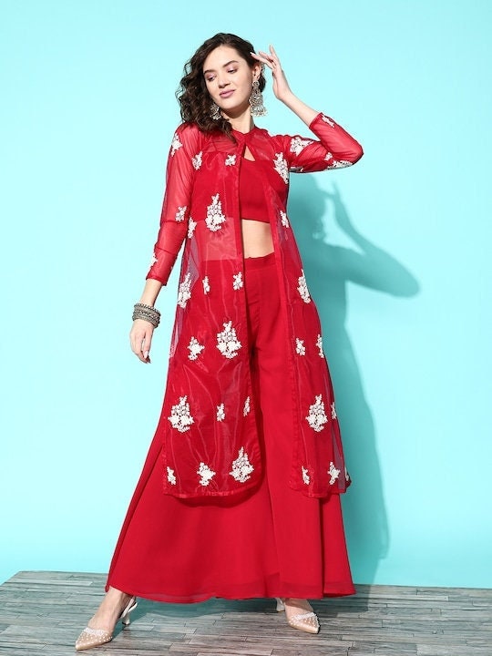 Women Floral Chikankari Top with Palazzo And Jacket Set, Indo Western Ethnic Set for women, Embroidered Crop top with palazzo and shrug VitansEthnics