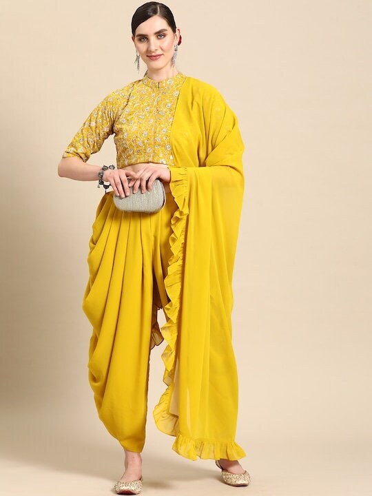 Women Georgette Ruffled Detail Dhoti Saree with Stitched Blouse, Ready to wear saree, Indo Western Dress, Dhoti saree set, Indian suit set VitansEthnics
