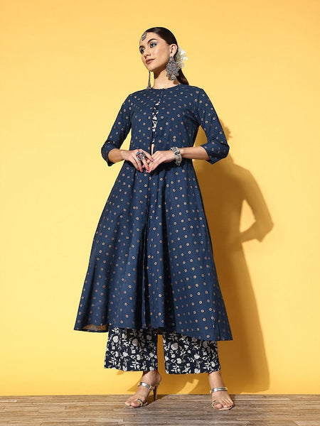 Women Navy Blue Off-White Printed Pure Cotton Crop Top with Palazzos & Jacket, Indo Western Ethnic Set for women, wedding wear outfit VitansEthnics