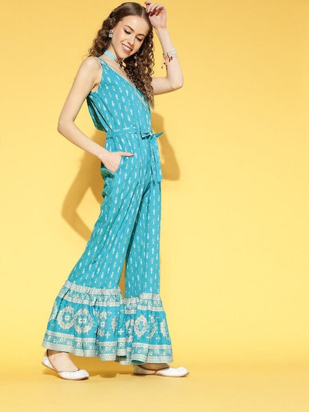 Designer Indian Turquoise Blue Printed Jumpsuit For Women, Indo-Western Dress, Party Wear Indian Outfit, Indo western Outfit VitansEthnics
