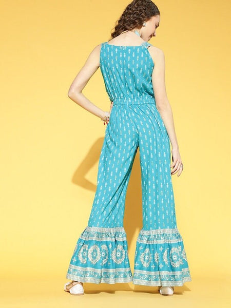 Designer Indian Turquoise Blue Printed Jumpsuit For Women, Indo-Western Dress, Party Wear Indian Outfit, Indo western Outfit VitansEthnics