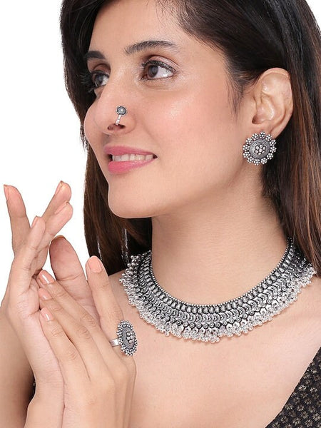Oxidised Silver-Plated Choker Earrings Nose Pin And Ring Set, Choker Necklace For Women, Indian Choker, Contemporary Choker Necklace VitansEthnics