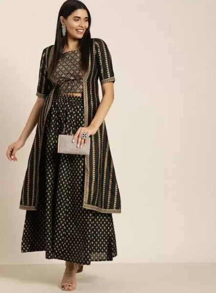 Designer Crop Top and Skirt With Printed Jacket For Women, Designer Kurti Set, Indian Dress, Lehenga Choli, Indo Western Outfit, Fusion Wear VitansEthnics