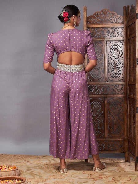 Designer Lavender Polka Dot Printed Jumpsuit For Women, Indo Western Dress, Party Wear Indian Dress, Jumpsuits For Women, Fusion Wear Women VitansEthnics