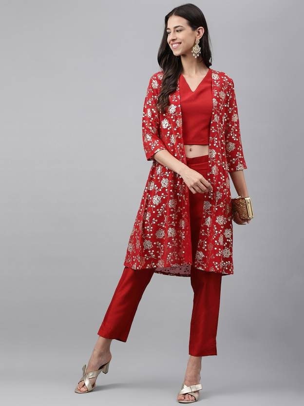 Designer Crop Top and Trousers With Printed Jacket For Women, Indo Western Dress, Designer Kurti Set, Indian Dress, Shrug with Palazzo VitansEthnics