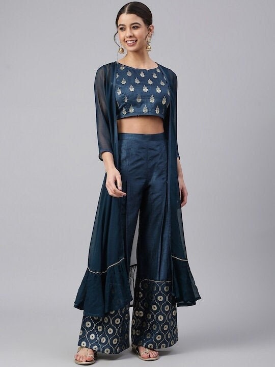 Designer Printed Crop Top and Palazzo Pants With Jacket For Women, Indo Western Dress, Designer Kurti Set, Indian Dress, Shrug with Palazzo VitansEthnics