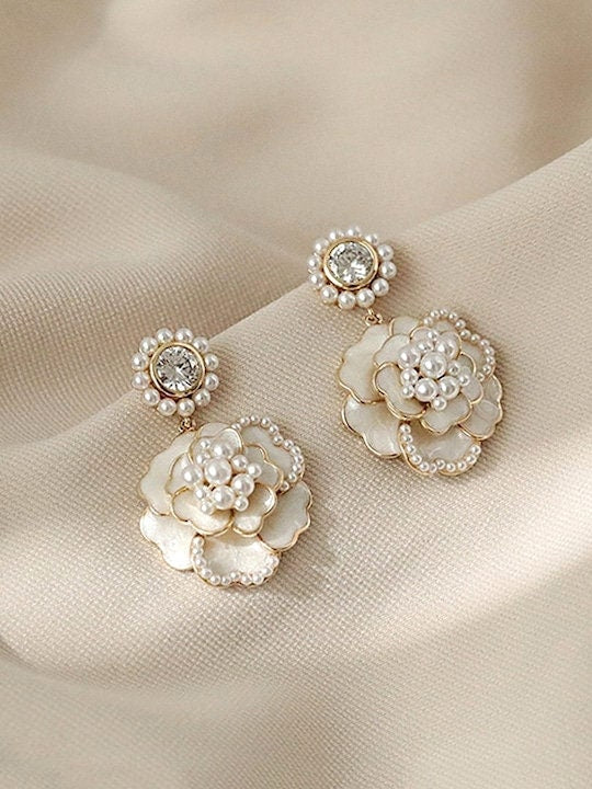 White Contemporary Drop Earrings, Classic Earrings For Women, Stud Earrings, Contemporary Earrings Set, Indian Jewelry, Floral Earrings VitansEthnics