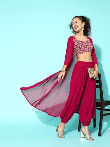 Women Embroidered Crop Top With Dhoti Pants And Long Jacket, Indo Western Ethnic Set for women, designer georgette party wear suit for her VitansEthnics