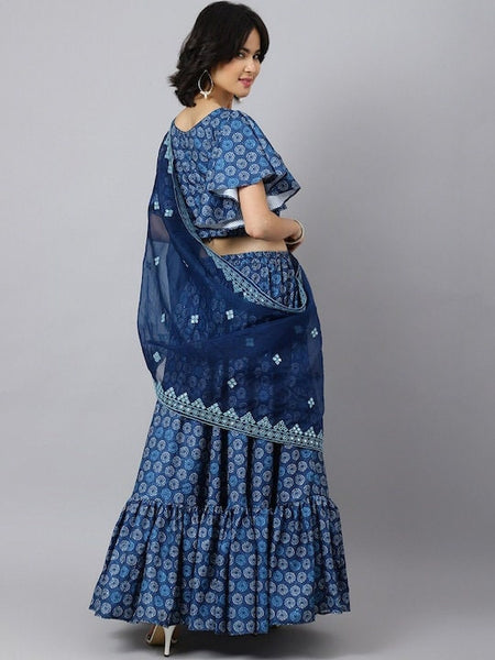Designer Indian Ikat Printed Crop Top With Skirt And Dupatta Set, Indo Western Dress For Women, Indian Dress, Lehenga Choli, Fusion Outfit VitansEthnics