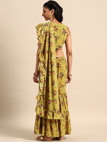 Women Olive Floral Printed Crop Top with Sharara & attached Dupatta, Ready to wear saree, Indo Western Dress, Pant saree set, Indian suit VitansEthnics