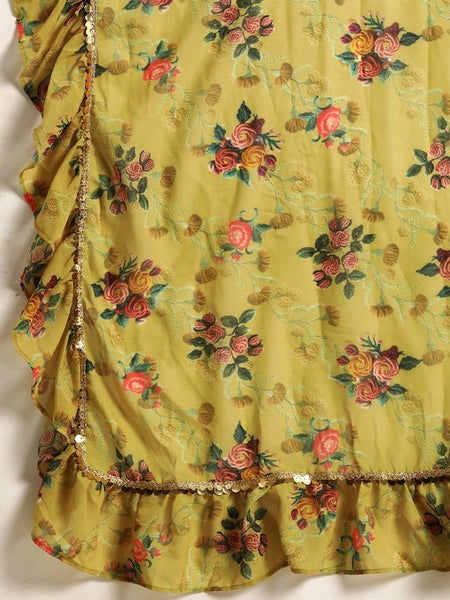 Women Olive Floral Printed Crop Top with Sharara & attached Dupatta, Ready to wear saree, Indo Western Dress, Pant saree set, Indian suit VitansEthnics