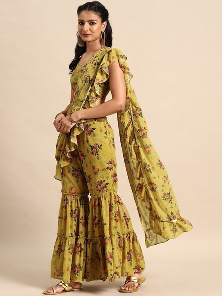 Women Olive Floral Printed Crop Top with Sharara & attached Dupatta, Ready to wear saree, Indo Western Dress, Pant saree set, Indian suit VitansEthnics