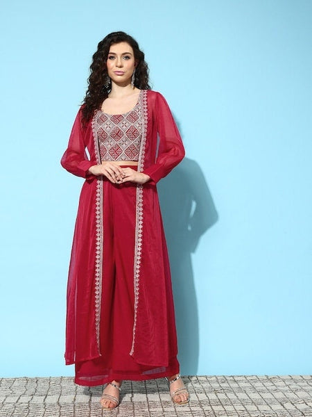 Women Elegant Embroidered Crop Top with Palazzo & Jacket Set, Indo Western Ethnic Set for women, Embroidered Crop top with palazzo and shrug VitansEthnics