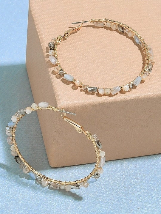 Pink Raw Facet Beaded Hoops Earrings For Women & Girls, Classic Earrings For Women, Drop Earrings, Contemporary Earrings Set, Indian Jewelry VitansEthnics