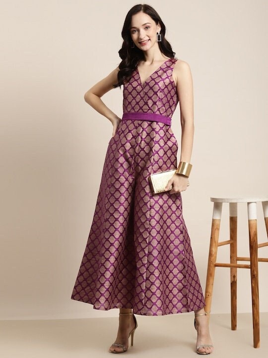 Women Brocade Jumpsuit With Fabric Belt, Indian Jumpsuit For Women, Dress For Women, Indo Western Dress, Indian Dress, Fusion Outfit VitansEthnics