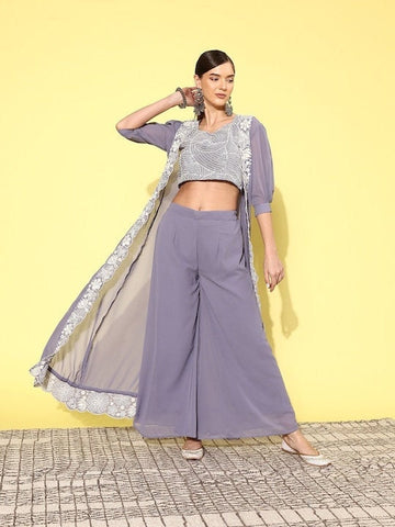 Women Sequin Embellished Crop Top with Palazzo & Jacket, Indo Western Ethnic Set for women, Embroidered Crop top with palazzo and shrug VitansEthnics