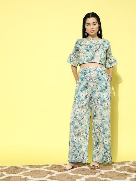 Indian Crop Top With Palazzo Pants For Women, Floral Print Pure Cotton Ethnic Co-Ord, Indo Western Outfit, Indian Dress For Women, Fusion VitansEthnics