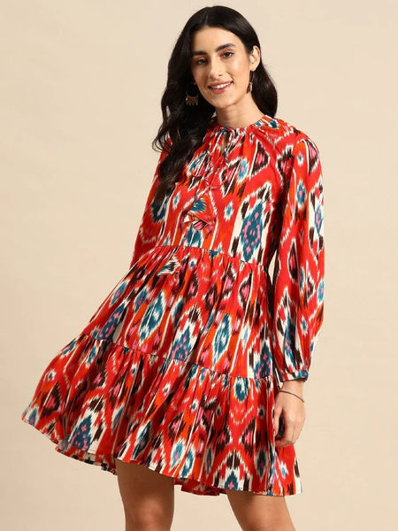 Indian Ethnic Motif Printed Balloon Sleeves Layered Dress For Women, Indo Western Dress, Indian Dress, Abstract Print Dresses, Fusion Outfit VitansEthnics