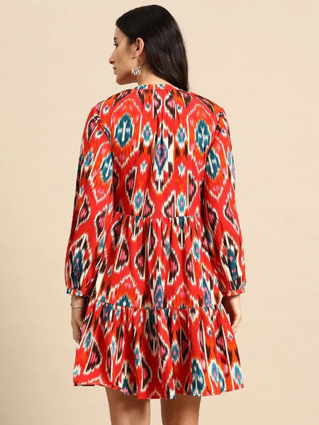 Indian Ethnic Motif Printed Balloon Sleeves Layered Dress For Women, Indo Western Dress, Indian Dress, Abstract Print Dresses, Fusion Outfit VitansEthnics