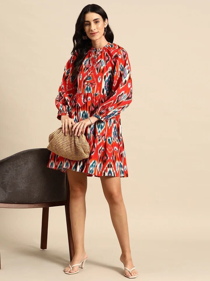 Indian Ethnic Motif Printed Balloon Sleeves Layered Dress For Women, Indo Western Dress, Indian Dress, Abstract Print Dresses, Fusion Outfit VitansEthnics