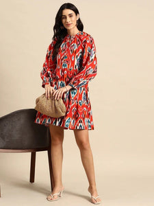 Indian Ethnic Motif Printed Balloon Sleeves Layered Dress For Women, Indo Western Dress, Indian Dress, Abstract Print Dresses, Fusion Outfit VitansEthnics