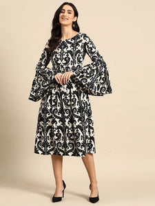 Indian Ethnic Motifs Printed Bell Sleeves Midi Dress For Women, Indo Western Dress, Indian Dress, Abstract Print Dresses, Fusion Outfit VitansEthnics