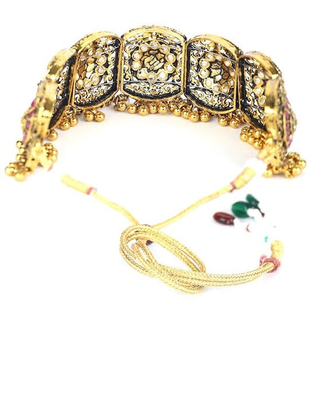 Gold-Plated Pink Stone Studded Handcrafted Choker Jewellery Set For Women, Indian Choker With Earrings Set, Contemporary Choker Necklace VitansEthnics