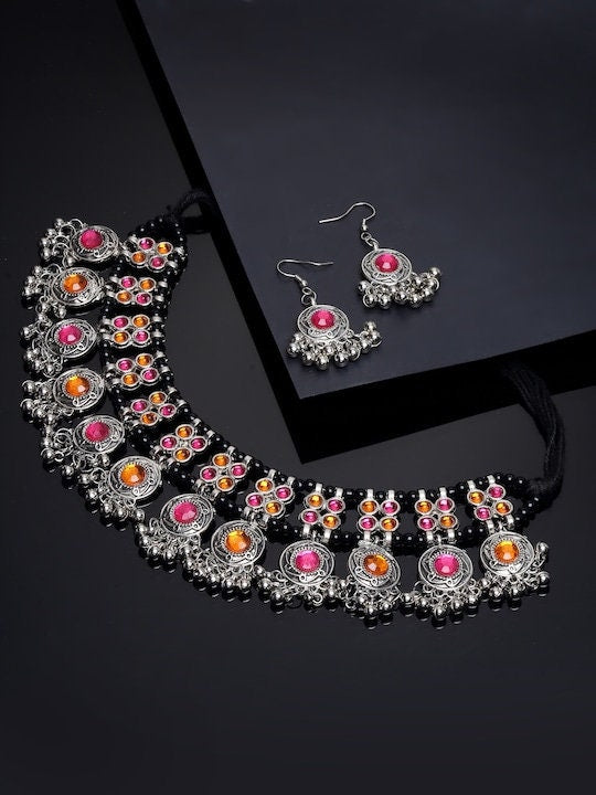 Oxidised Silver Toned Yellow & Pink Stone Studded Handcrafted Choker Jewellery Set For Women, Indian Choker With Earrings Set, Choker Set VitansEthnics