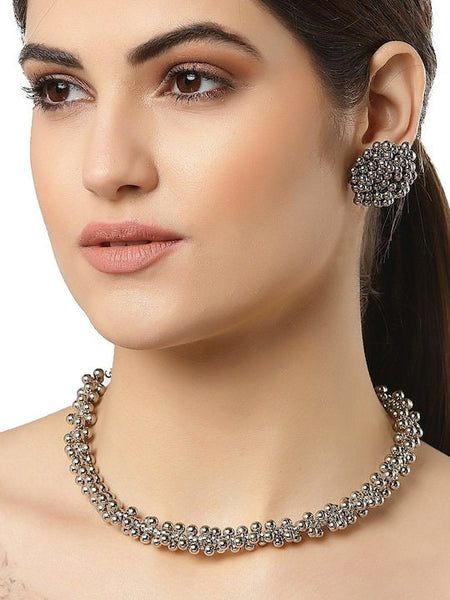 Oxidised Silver-Plated Choker Necklace With Earrings Set, Jewellery Set For Women, Indian Choker, Contemporary Choker Necklace Set VitansEthnics