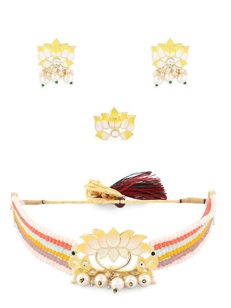 Yellow Crystals Lotus Meenakari Choker Necklace, Earring & Ring Set For Women, Wedding Indian Jewellery Set, Necklace Earrings Ring Set VitansEthnics