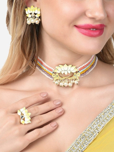 Yellow Crystals Lotus Meenakari Choker Necklace, Earring & Ring Set For Women, Wedding Indian Jewellery Set, Necklace Earrings Ring Set VitansEthnics