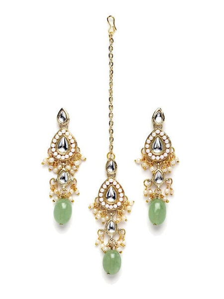 Gold-Plated Lime Green Stone & White Kundan Studded Choker Jewellery Set, Indian Jewellery Wedding Bridal, Necklace Earrings Maangtikka Set VitansEthnics