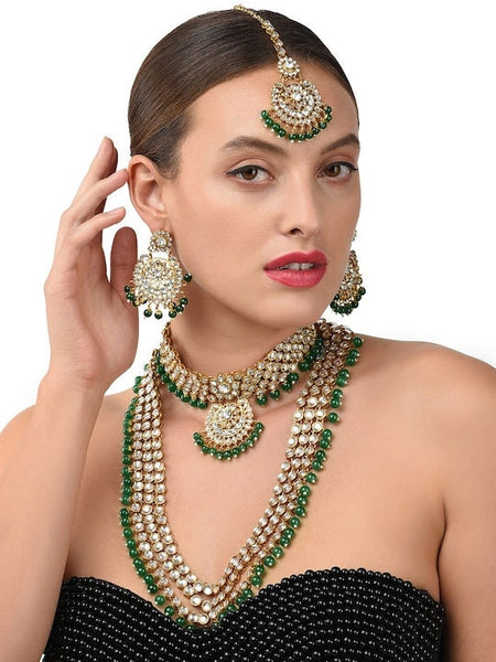 Green Gold-Plated Bridal Kundan Choker 2 Necklaces Jewellery Set Women, Bridal Indian Jewellery Wedding, Necklace Earrings Maangtikka Set VitansEthnics