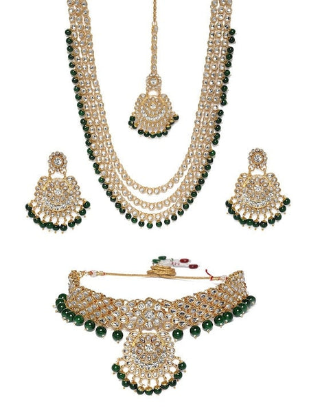 Green Gold-Plated Bridal Kundan Choker 2 Necklaces Jewellery Set Women, Bridal Indian Jewellery Wedding, Necklace Earrings Maangtikka Set VitansEthnics