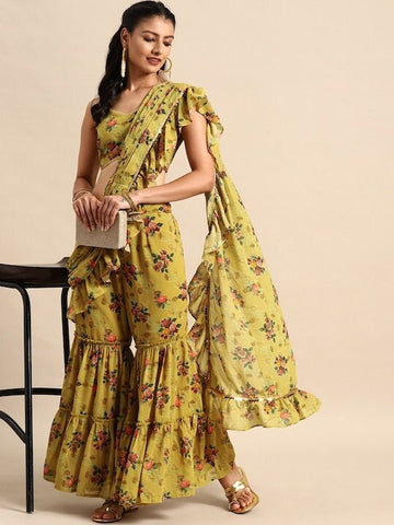 Women Olive Floral Printed Crop Top with Sharara & attached Dupatta, Ready to wear saree, Indo Western Dress, Pant saree set, Indian suit VitansEthnics