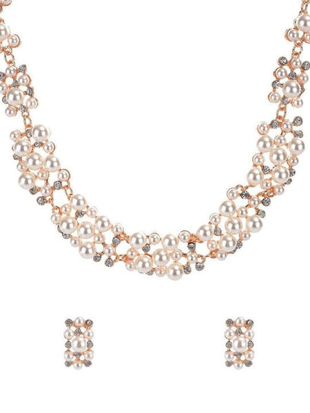 Gold-Plated & White Pearl Studded Necklace With Earrings Set, Jewellery Set For Women, Indian Choker, Pearl Choker Necklace Set VitansEthnics