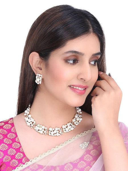 Gold-Plated & White Pearl Studded Necklace With Earrings Set, Jewellery Set For Women, Indian Choker, Pearl Choker Necklace Set VitansEthnics