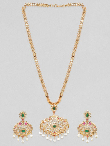 Gold-Plated Green CZ Stone Studded Temple Long Jewellery Set For Women, Indian Necklace With Earrings Set, Bollywood Jewelry Set VitansEthnics