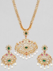 Gold-Plated Green CZ Stone Studded Temple Long Jewellery Set For Women, Indian Necklace With Earrings Set, Bollywood Jewelry Set VitansEthnics