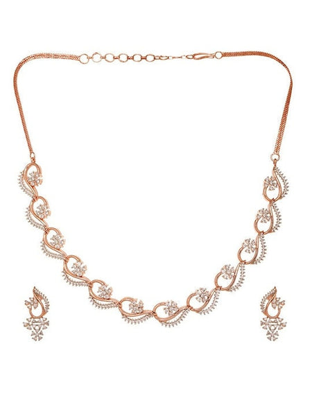 Rose Gold-Plated White AD-Studded Jewellery Set, Indian Necklace With Earrings, Bollywood Jewelry Set, Indian Choker Set For Women VitansEthnics