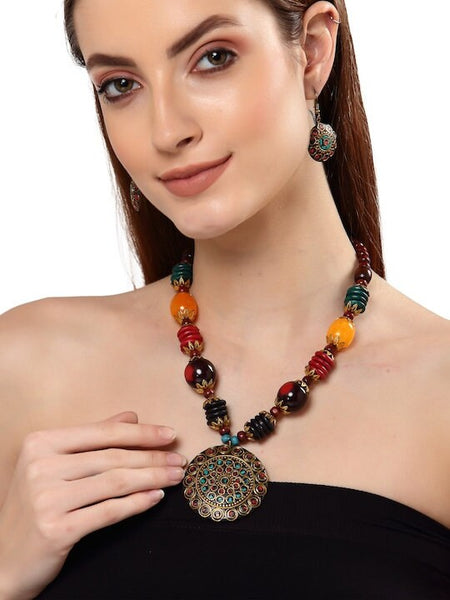 Oxidised Silver Traditional Jewellery Set For Women, Indian Necklace With Earrings Set, Bollywood Jewelry Set, Multicolor Stone Jewelry Set VitansEthnics