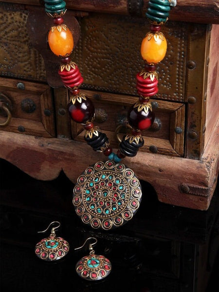 Oxidised Silver Traditional Jewellery Set For Women, Indian Necklace With Earrings Set, Bollywood Jewelry Set, Multicolor Stone Jewelry Set VitansEthnics