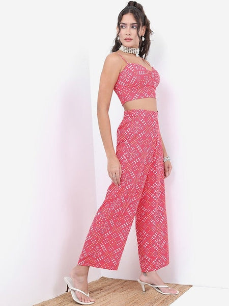Pink Bandhani Printed Crop Top With Trousers & Jacket Set For Women, Wedding Guest Outfits, Ethnic Wear, Co-ords sets, Indo Western outfit VitansEthnics